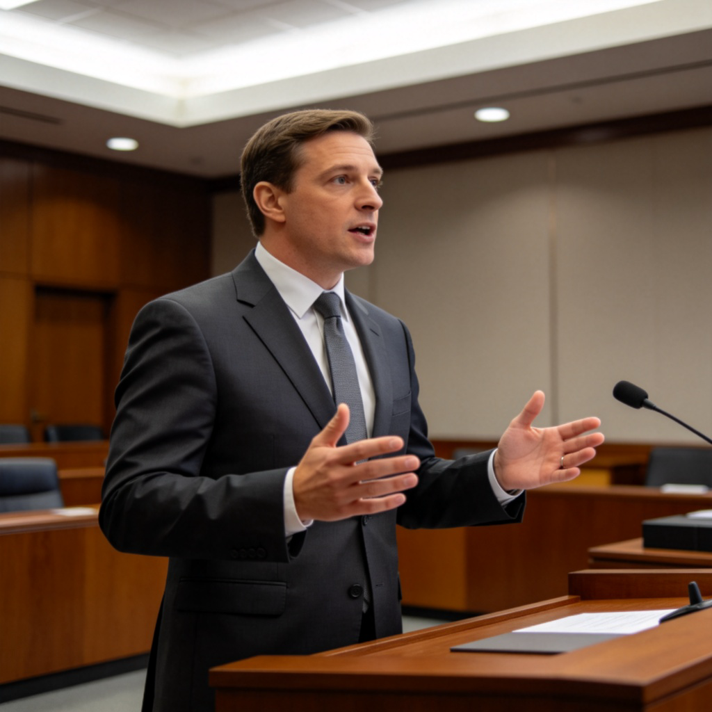 A professional lawyer in a suit, standing and speaking in a modern courtroom. He is gesturing confidently before a judge's bench. Clean, serious atmosphere. Focus on the lawyer. No text.
