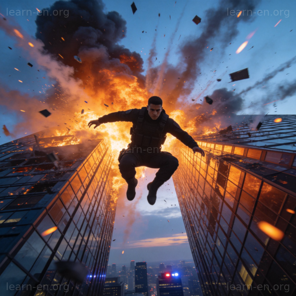 action scene 图解：电影中特技演员在爆炸中飞跃楼宇的惊险动作场面