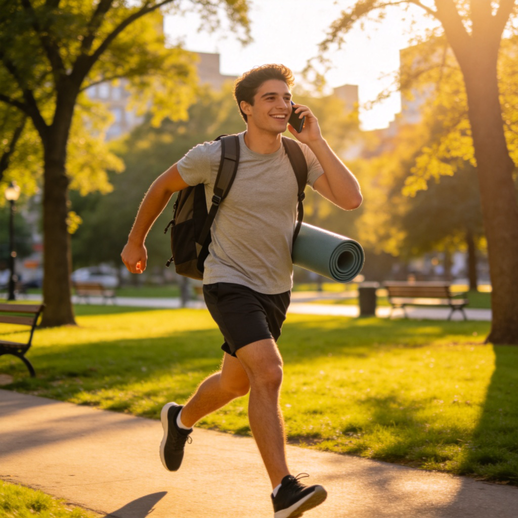 A cheerful young adult wearing casual sportswear, walking briskly while talking on the phone and carrying a backpack and a yoga mat. The scene is in a sunny urban park. The person is clearly multi-tasking and full of energy. Photorealistic style, focused on the person's dynamic posture.