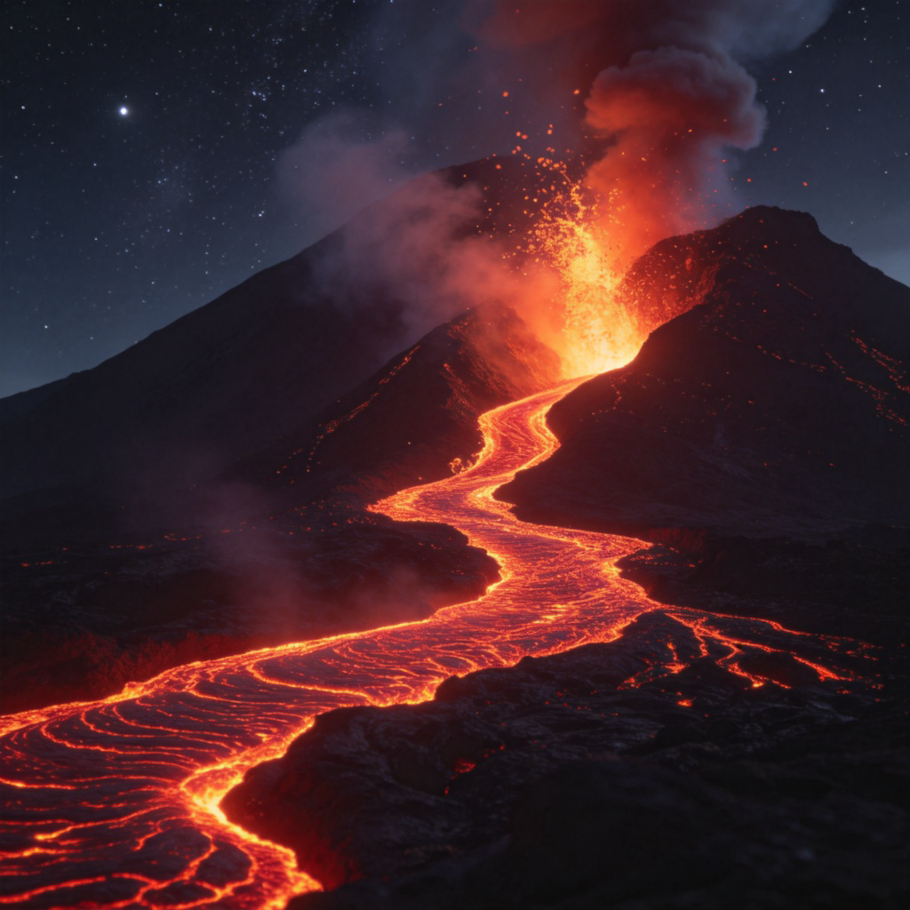 A close-up, dramatic shot of an active volcano at night. Red molten lava flows slowly down the dark mountainside, with glowing embers and smoke rising into the starry sky. The focus is on the powerful, flowing lava. Photorealistic, no text.