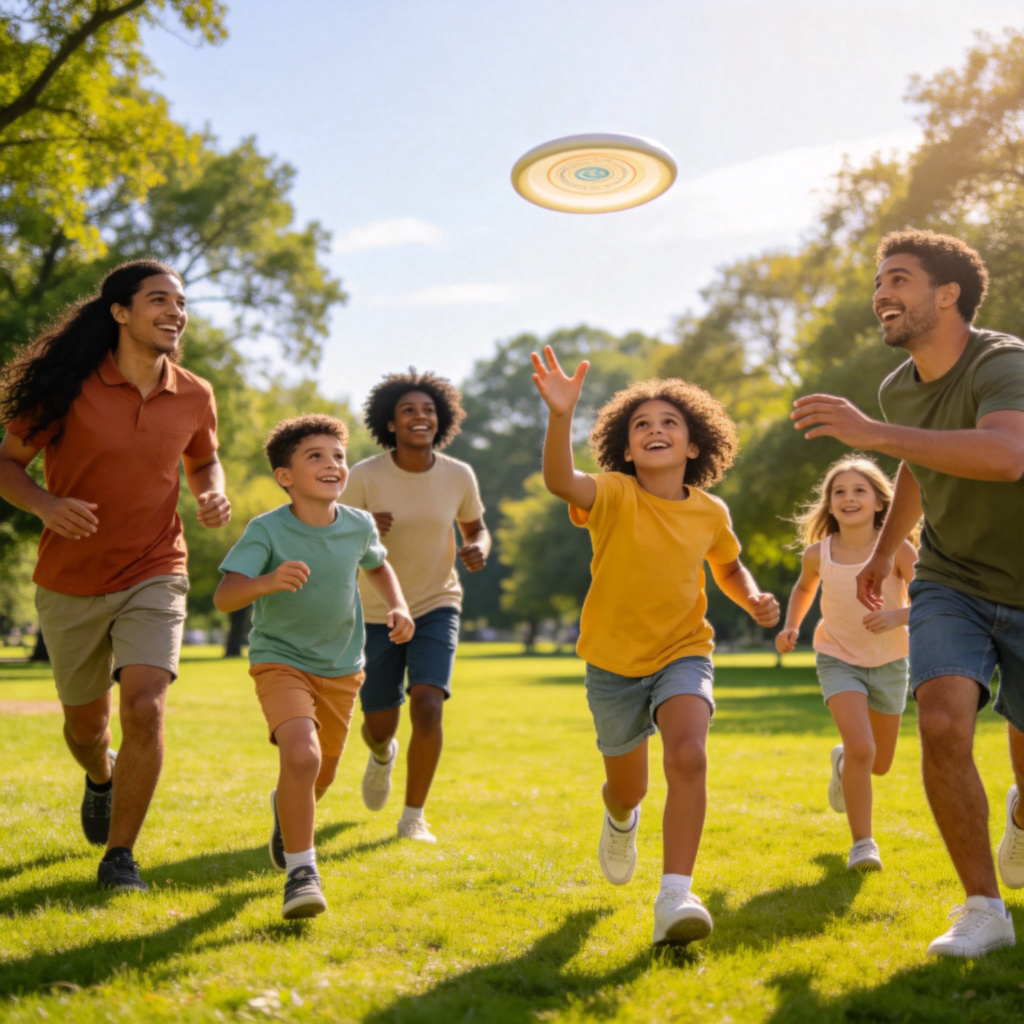A group of diverse people, including children and adults, playing frisbee in a sunny green park. They are laughing and running, with the frisbee mid-air. The background shows trees and clear sky, focusing on their active movements and joyful expressions. Realistic style, bright lighting, no text or logos.