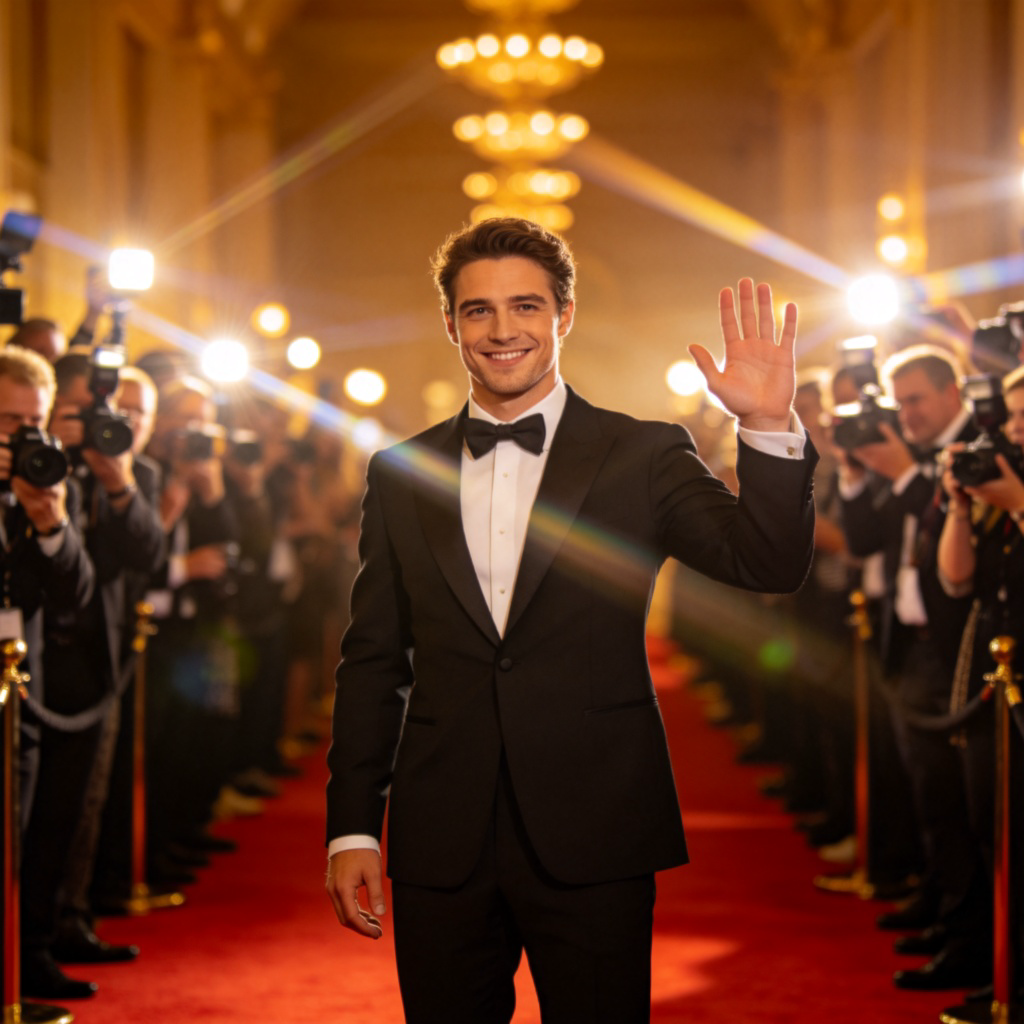 A movie premiere scene: an actor in a smart tuxedo, smiling and waving to a crowd of fans and flashing cameras on a red carpet. The focus is on his confident pose and expression. The background is softly blurred with lights. Cinematic lighting.