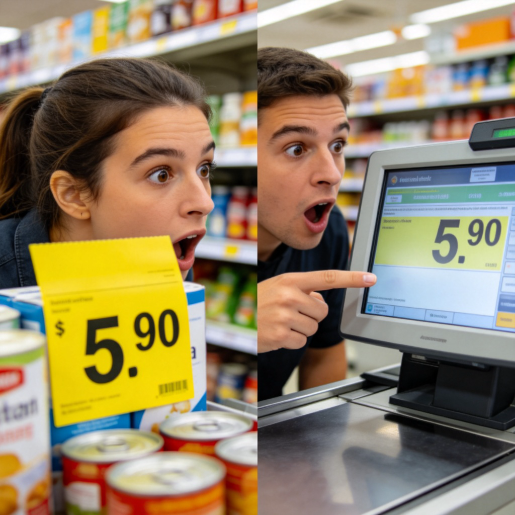 A side-by-side comparison at a supermarket checkout. On the left, a bright yellow sticker on a product shows a low promotional price. On the right, the digital screen of the cash register displays a higher final price. A person's hand is pointing at the screen, looking surprised. Clean, well-lit supermarket setting. No text on the image.