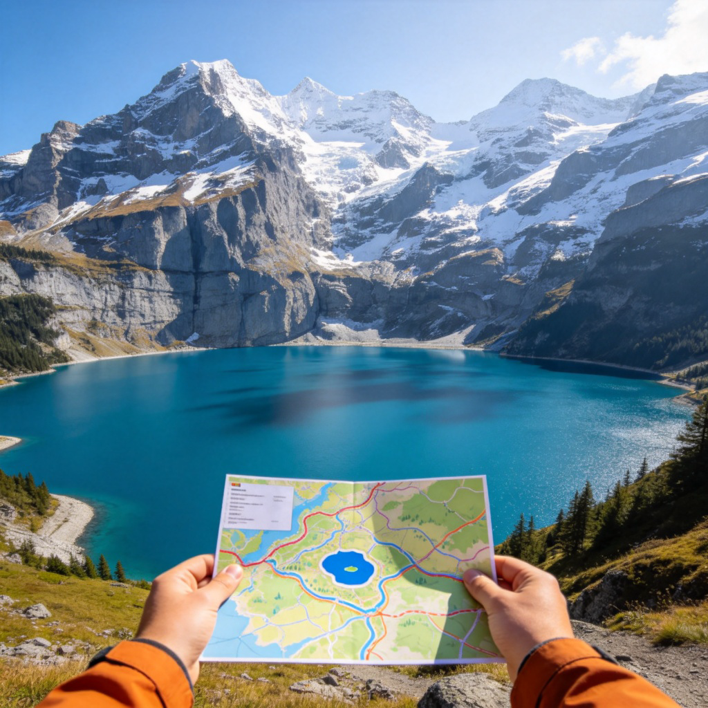 A person holding a colorful, simplified tourist map showing a small blue lake icon. In front of them is the breathtaking reality: a vast, deep blue glacial lake surrounded by towering, snow-capped mountains. The contrast between the simple map and the grand actual landscape is clear. Natural outdoor lighting. No text.