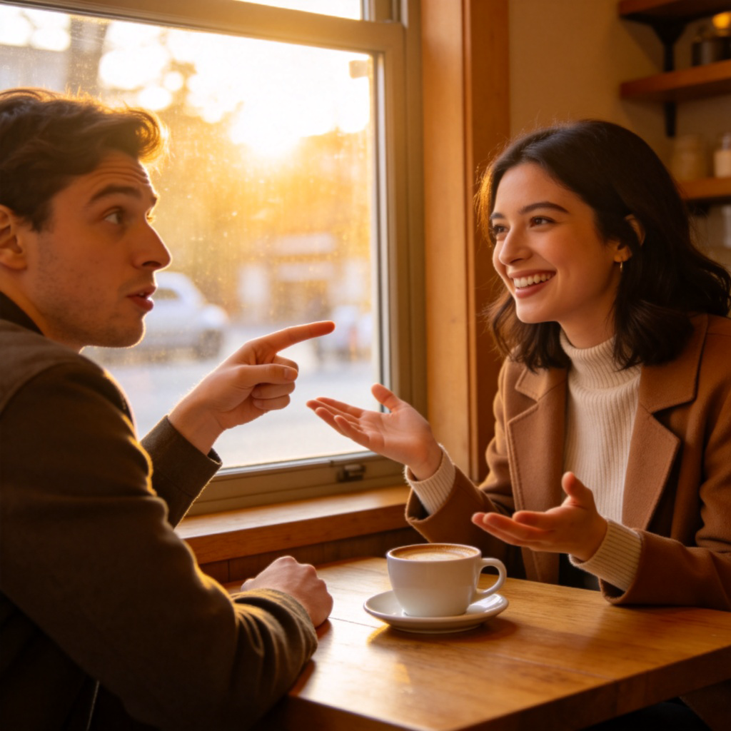Two people having a conversation in a cozy café. One person looks confused, pointing at a window showing sunny weather, while the other smiles and gestures as if explaining something. Natural lighting, focus on their friendly interaction. No text.