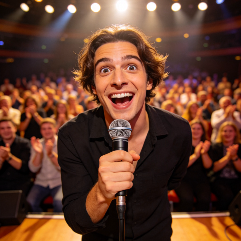 A person standing on a stage, holding a microphone with a big smile and surprised expression, as if they just achieved something unexpected. The audience in the background clapping. Bright stage lighting, clear focus on the person's emotion. No text.