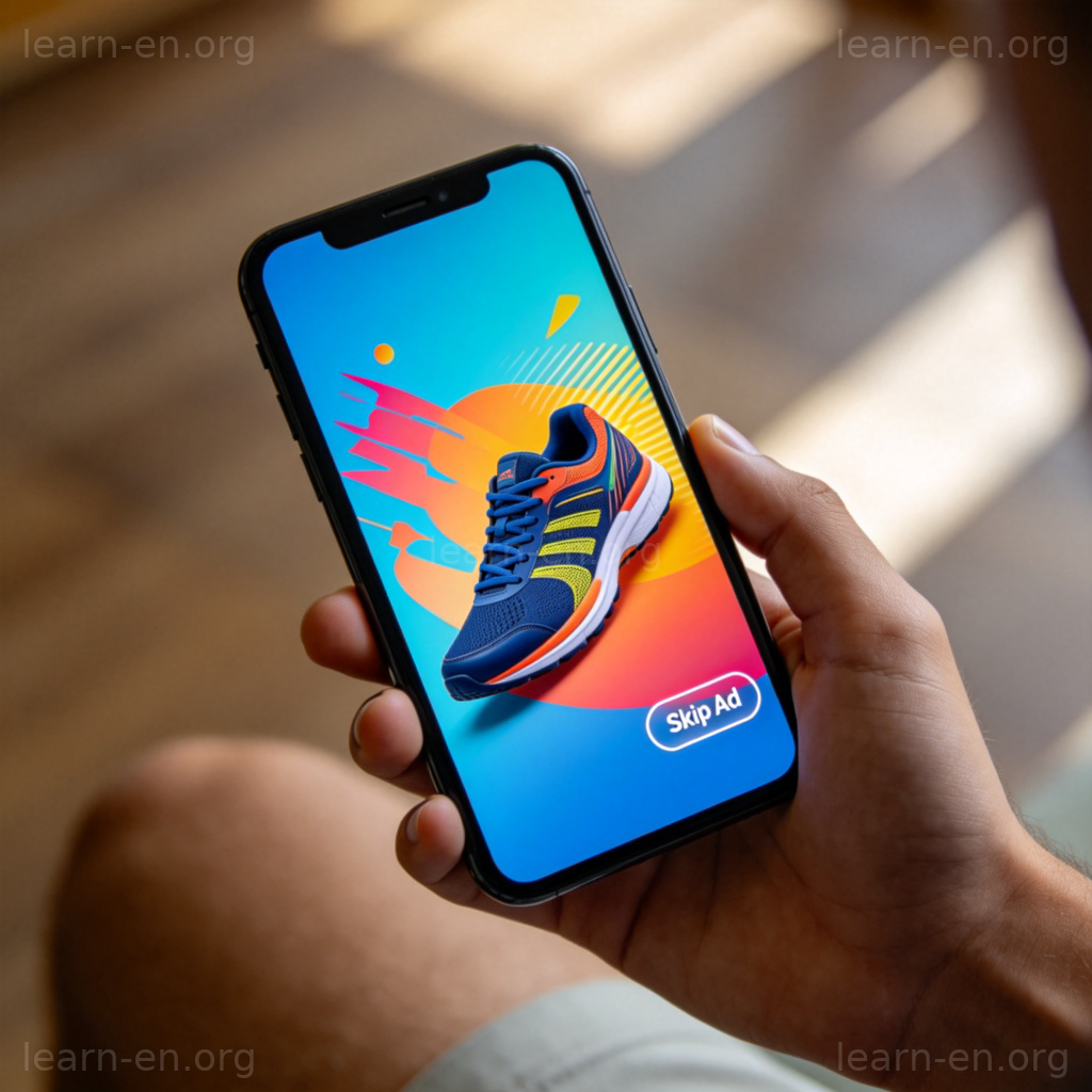 A close-up view of a person's hand holding a smartphone. On the bright screen, a colorful and eye-catching advertisement for running shoes is displayed, with a clear 'Skip Ad' button in the corner. The background is slightly blurred, focusing entirely on the phone and the ad. Realistic photography style, natural indoor lighting. No text or logos on the ad itself.