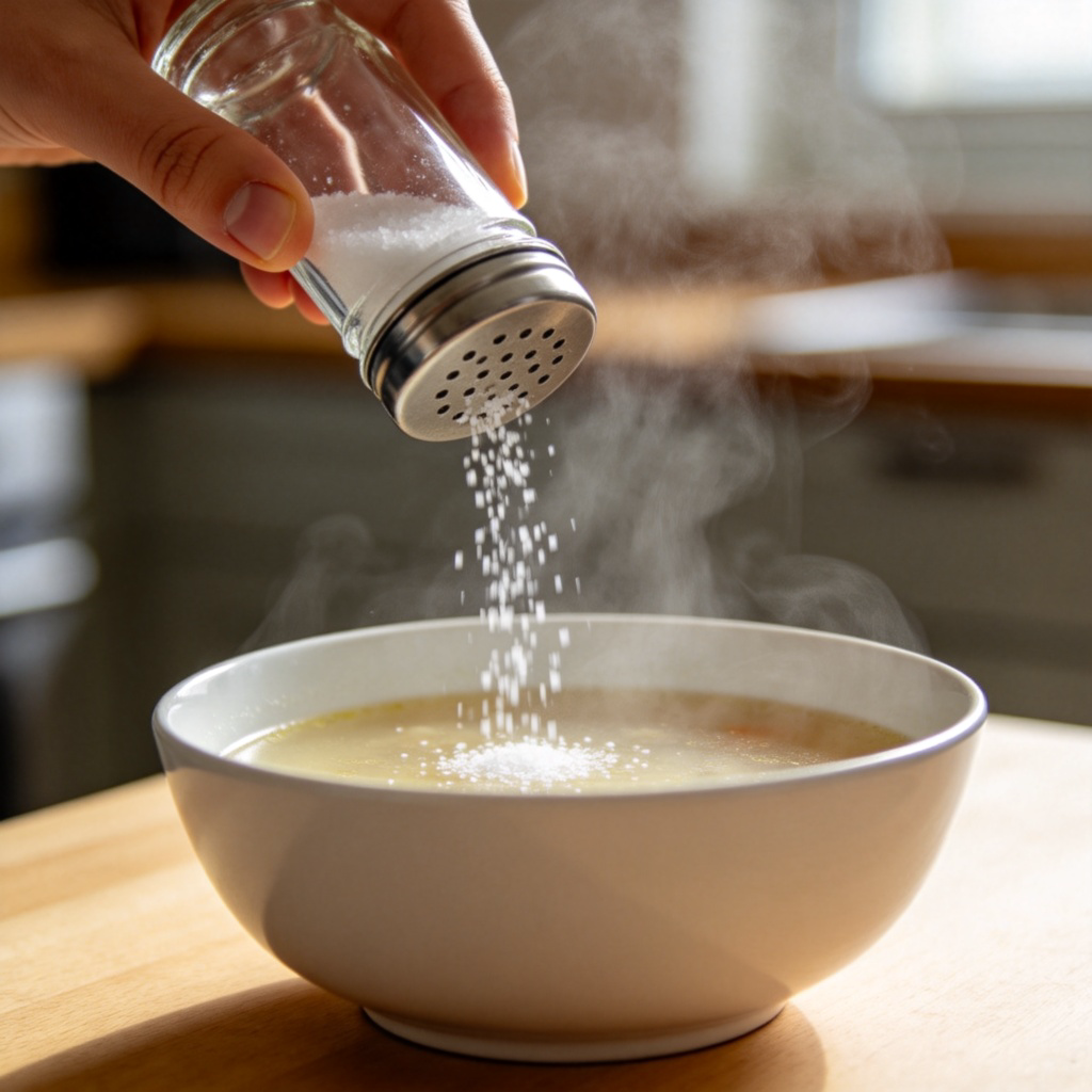 A person's hand holding a salt shaker over a bowl of soup, with salt grains visibly falling into the bowl. The kitchen counter is clean and simple. Close-up shot, focus on the action of adding. Natural lighting. No text or logos.