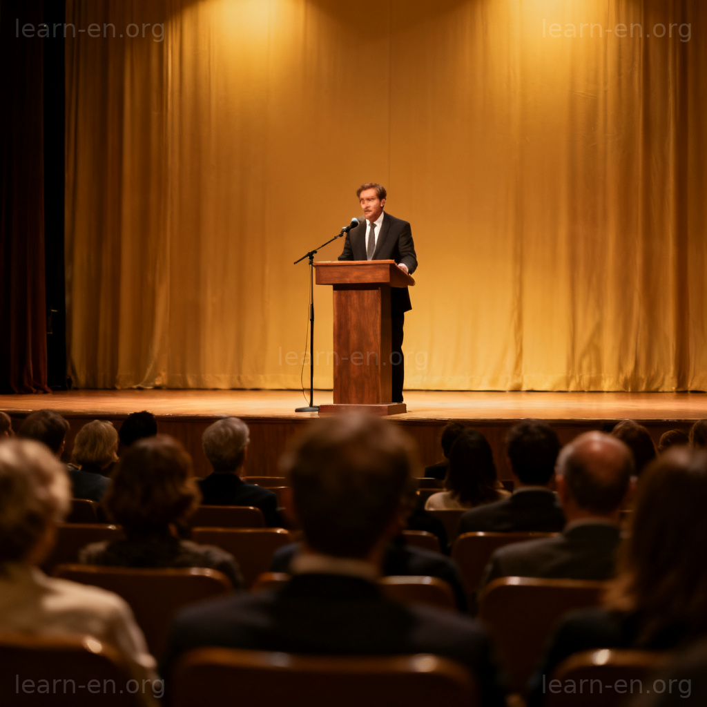 Address as a formal speech, showing a speaker at a podium addressing an audience.