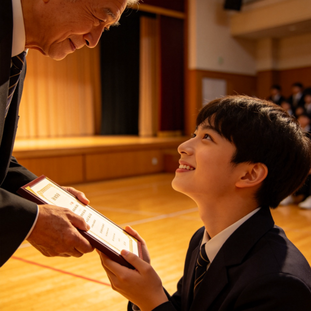 A young person with a warm, smiling expression, looking slightly upwards with admiration at an older person who is receiving an award or a certificate. The older person looks humble and accomplished. Soft, natural lighting in a school or community hall setting. Focus on the facial expressions of admiration. No text.