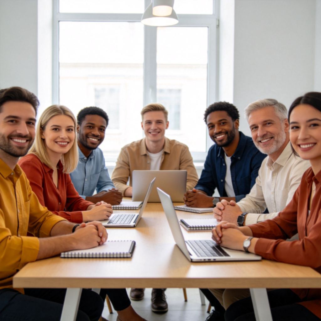 A diverse group of adults, men and women of different ethnicities, sitting together at a meeting table in a modern office, discussing a project. They are dressed in casual business attire, smiling, with notebooks and laptops in front of them. Bright, natural lighting from a large window. Focus on their engaged faces and professional setting.