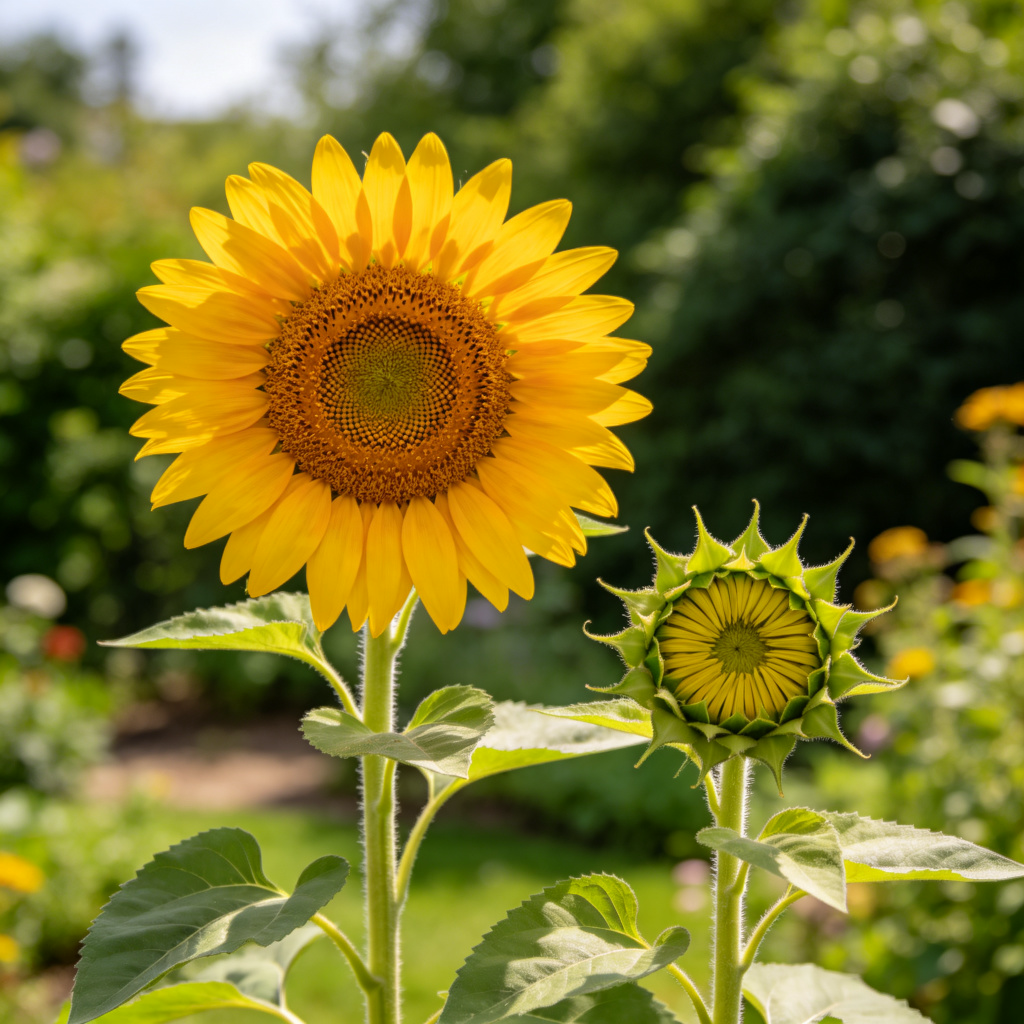 Two sunflowers side by side in a sunny garden. One sunflower is tall, with a large, fully open flower head full of seeds. The other is shorter, with a smaller flower head just beginning to open. The contrast clearly shows the mature, adult plant next to the younger one. Sharp focus, vibrant colors.