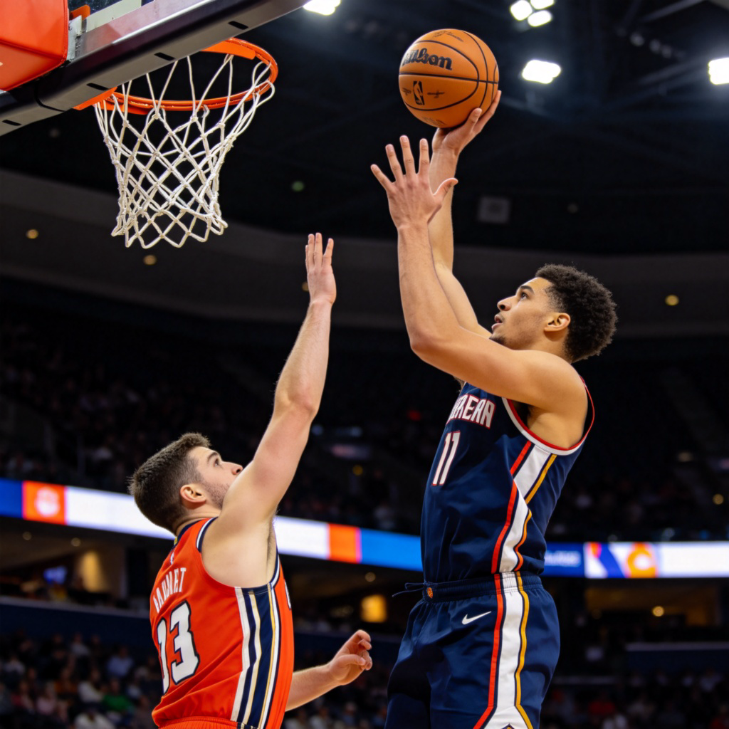 A basketball player wearing a team jersey is jumping to shoot the ball into the hoop. Another player, noticeably shorter, is trying to block the shot but cannot reach the ball. The focus is on the height difference and the act of scoring, showing a clear competitive edge. Shot on a well-lit indoor court, dynamic action. No text.