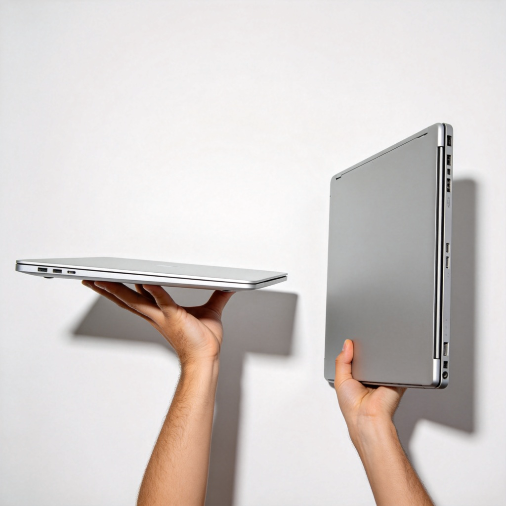 A person is holding a thin, modern laptop in one hand and a thick, old laptop in the other, side by side for comparison. The modern laptop looks sleek and light, emphasizing its portability as an advantage. Plain background, clean product photography style. No text.