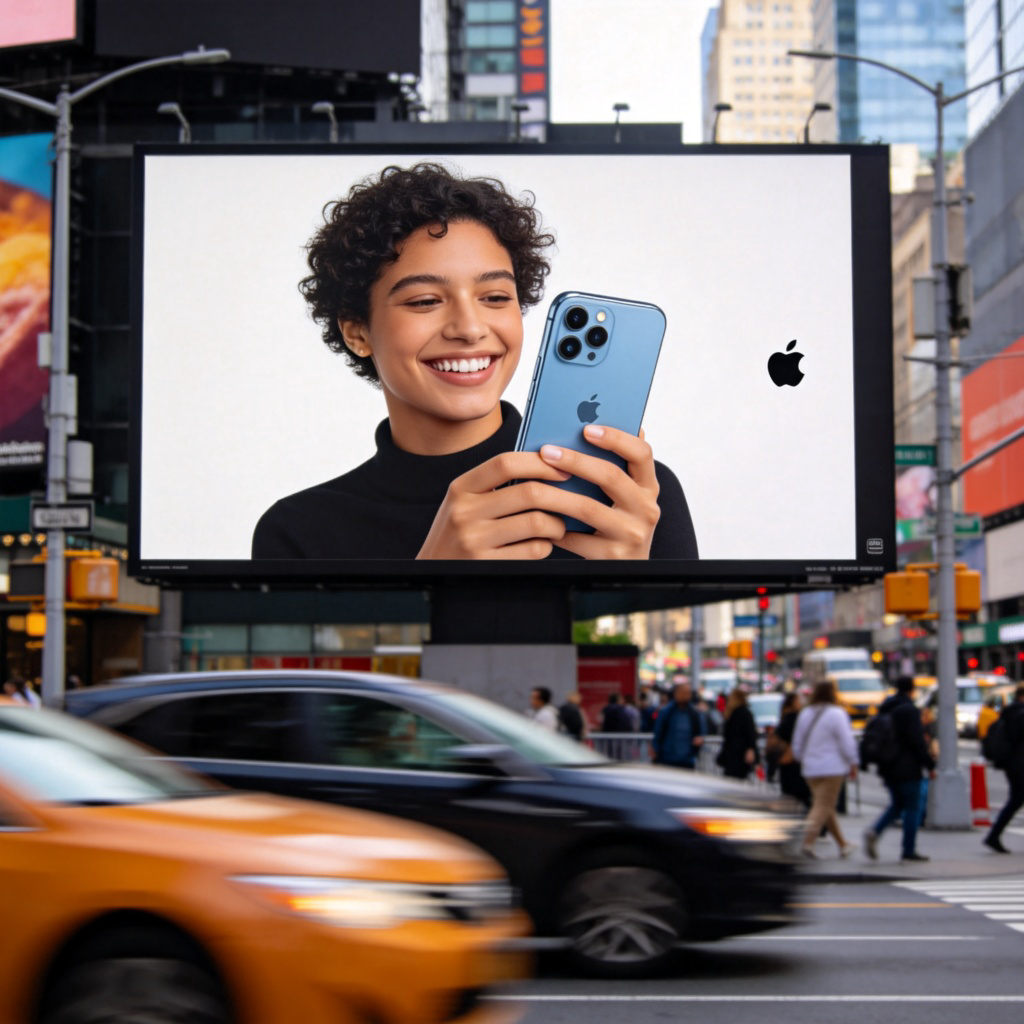 A busy city street with a large, bright billboard showing an advertisement for a new smartphone. The billboard features a clear image of the phone with a happy person using it. Daylight setting, focus on the billboard, with blurred cars and pedestrians in the background. No text except the product logo.