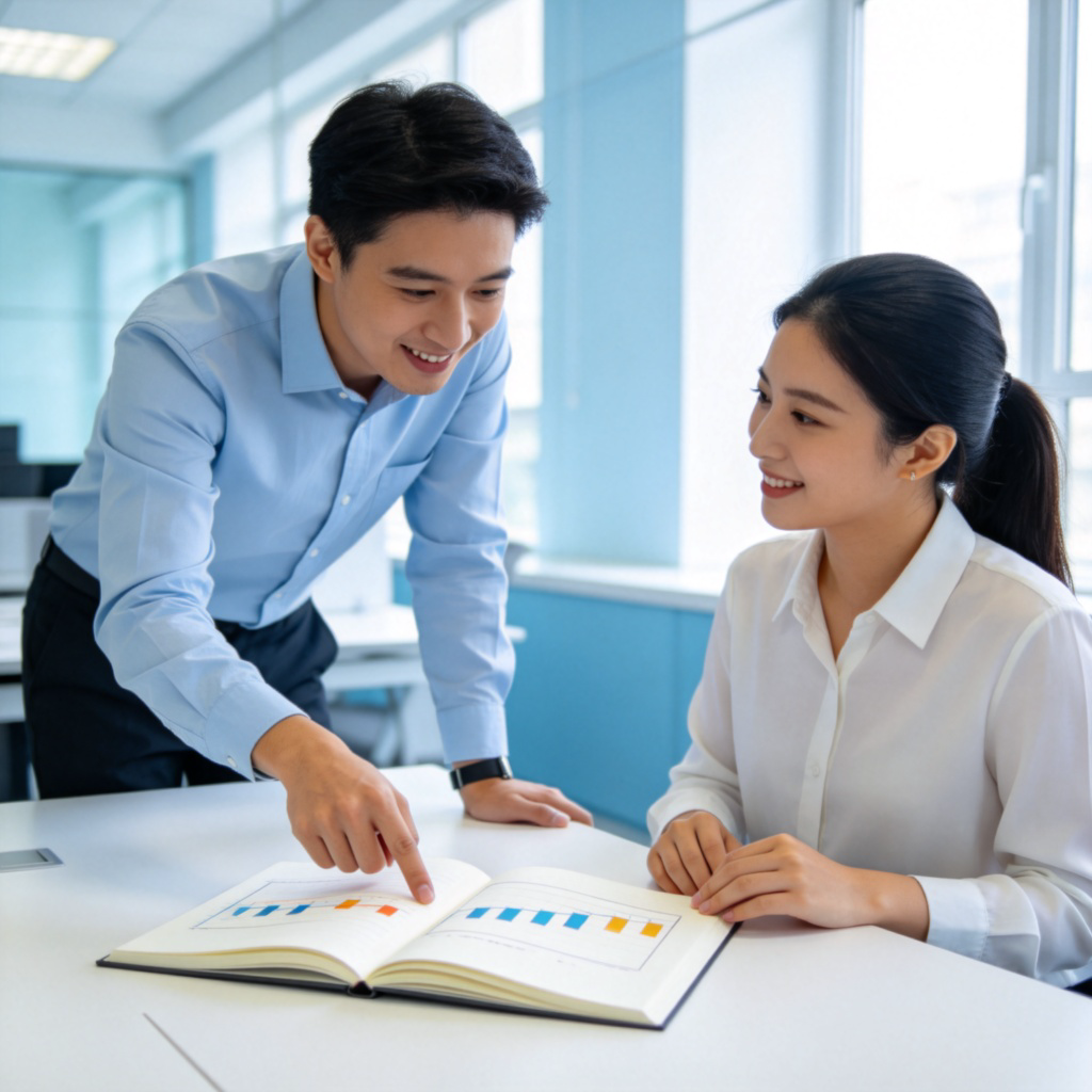 A friendly office worker leans forward slightly, pointing to an open notebook with simple charts on a table, while talking to a colleague. They are in a bright, clean office. The body language clearly shows one person giving helpful suggestions to the other. No text on the notebook or in the background.