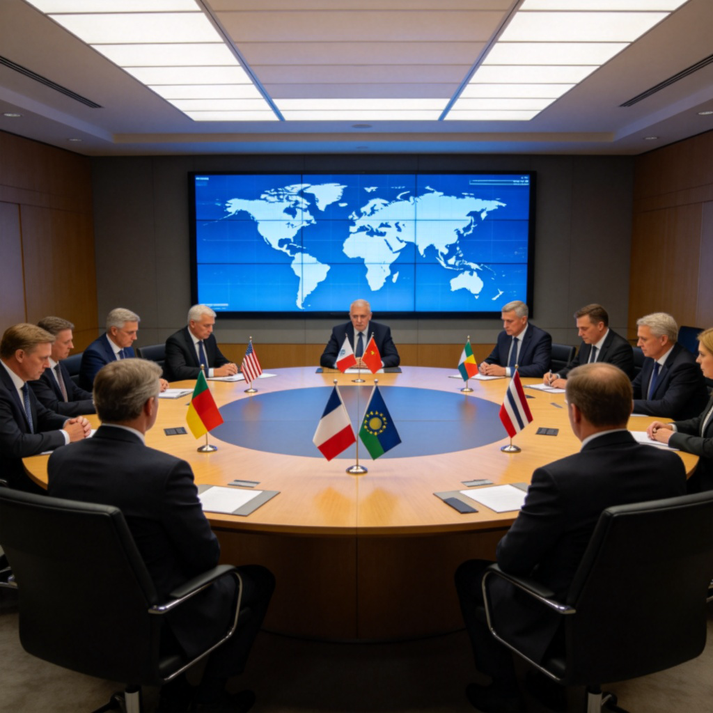 A serious diplomatic meeting in a modern conference room with flags from different countries on the table. People in suits are discussing around a large round table, with digital screens showing world maps in the background. Natural lighting, professional atmosphere. No text.