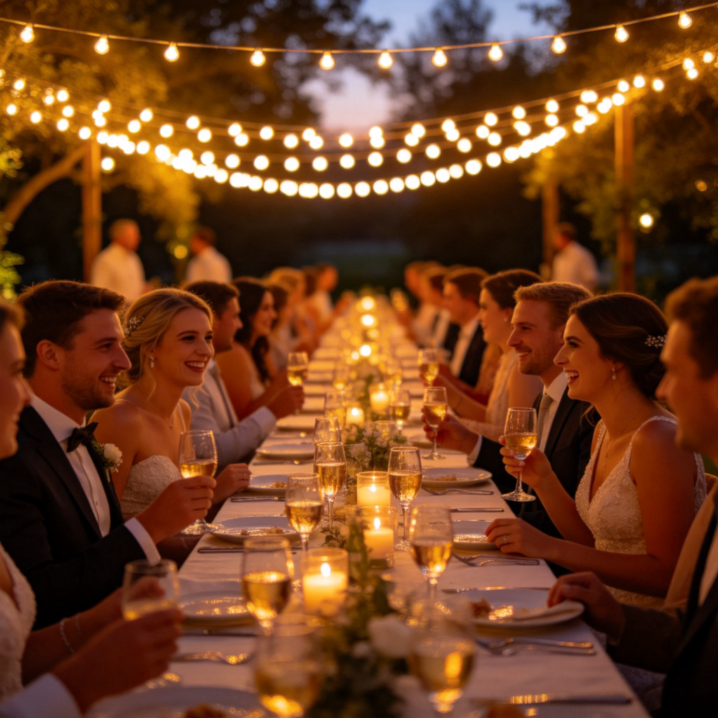 A lively outdoor wedding reception at dusk, with string lights hanging above long tables. People are chatting, laughing, and clinking glasses. Focus on the festive atmosphere and the group of guests celebrating together. Warm lighting. No text.
