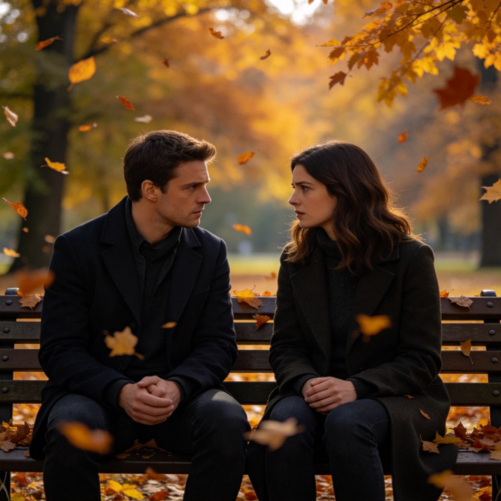 A man and a woman, looking slightly tense, having a quiet, intense conversation on a park bench in autumn, surrounded by falling leaves. They are sitting close but not touching, their body language suggests a private and complicated connection. Soft, moody lighting. No text.