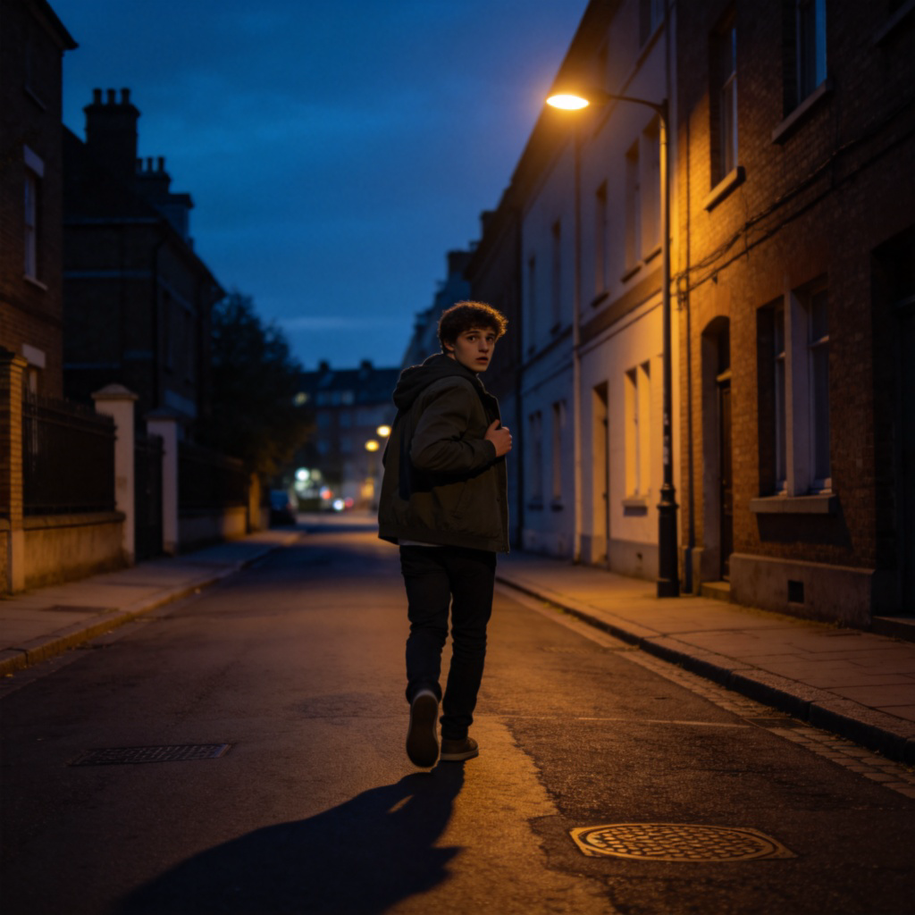 A young person walking alone at night on an empty, dimly lit street, looking over their shoulder with a worried and tense expression. They are clutching their jacket closer. The scene is quiet and a little eerie, with long shadows cast by a single streetlight. Clear evening setting, realistic style.