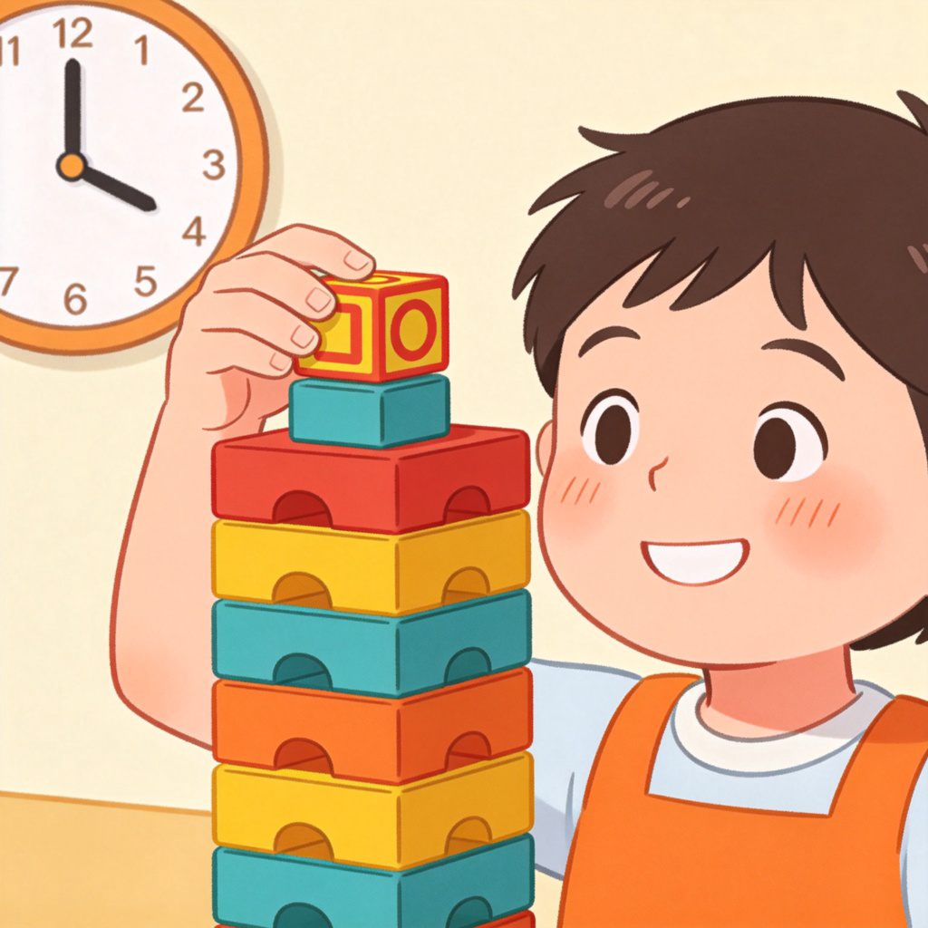 A close-up of a cheerful child placing a toy block on top of a tall tower. A simple wall clock is visible in the background, with the hour hand pointing past the number 12. The focus is on the sequential action-the building happens after a certain time. Clear, cartoonish style, bright colors.