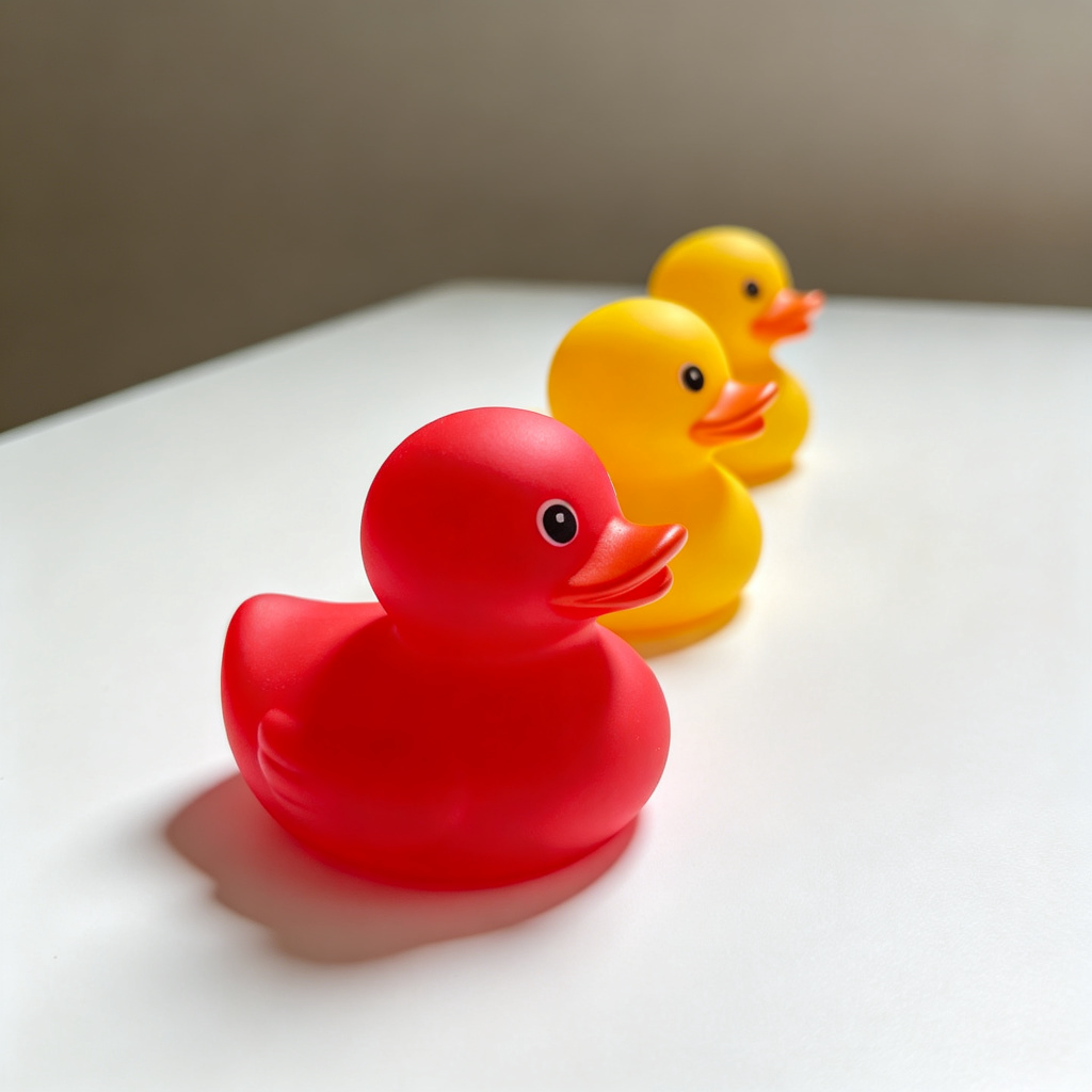 A line of three colorful toy ducks on a white table. The focus is on the yellow duck positioned clearly behind the red duck. Simple, clean composition with soft shadows. The image clearly shows the spatial relationship of one object being after another in line.