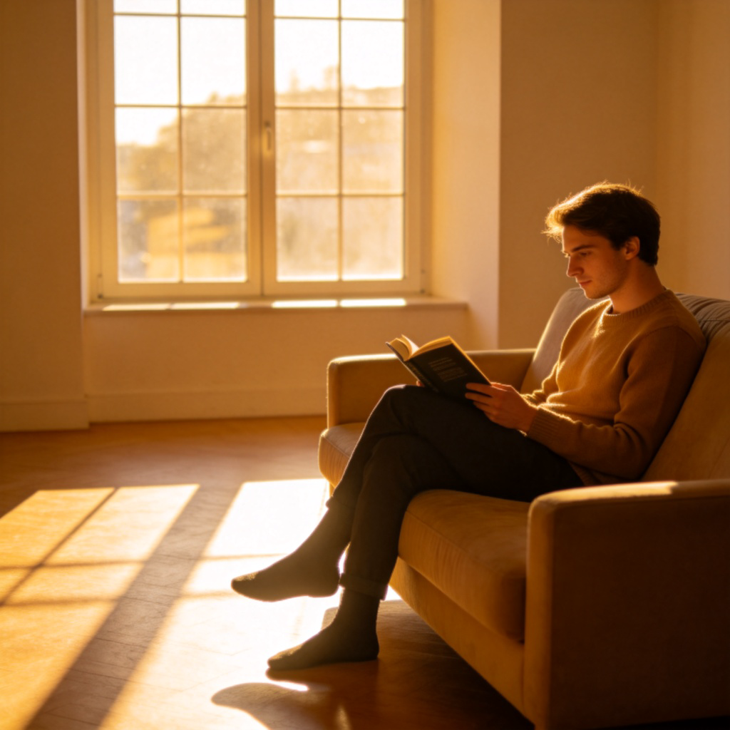 A bright and cozy living room with sunlight streaming in through a large window, casting long afternoon shadows on the floor. A person is sitting comfortably on a sofa, reading a book, with a warm, relaxed atmosphere. The lighting is golden and gentle, typical of late afternoon. Photorealistic style, clean and simple background. No text or numbers.