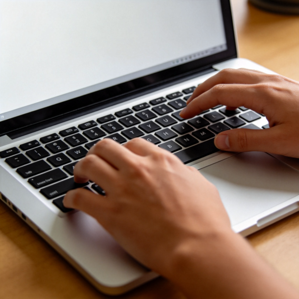 A person in a home setting, typing on a laptop, then erasing the screen and typing again to show repetition. Close-up view of hands on keyboard, natural lighting, plain desk background, focus on the repetitive action. No text or logos.