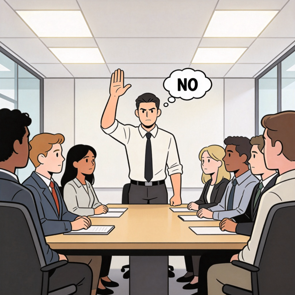 A group of diverse people in a modern meeting room. One person is standing up at a table, raising their hand in a clear gesture of disagreement while others are seated. Neutral expressions, focus on the standing person's decisive posture and the word 'NO' on a thought bubble. Clean, well-lit office environment. No text.