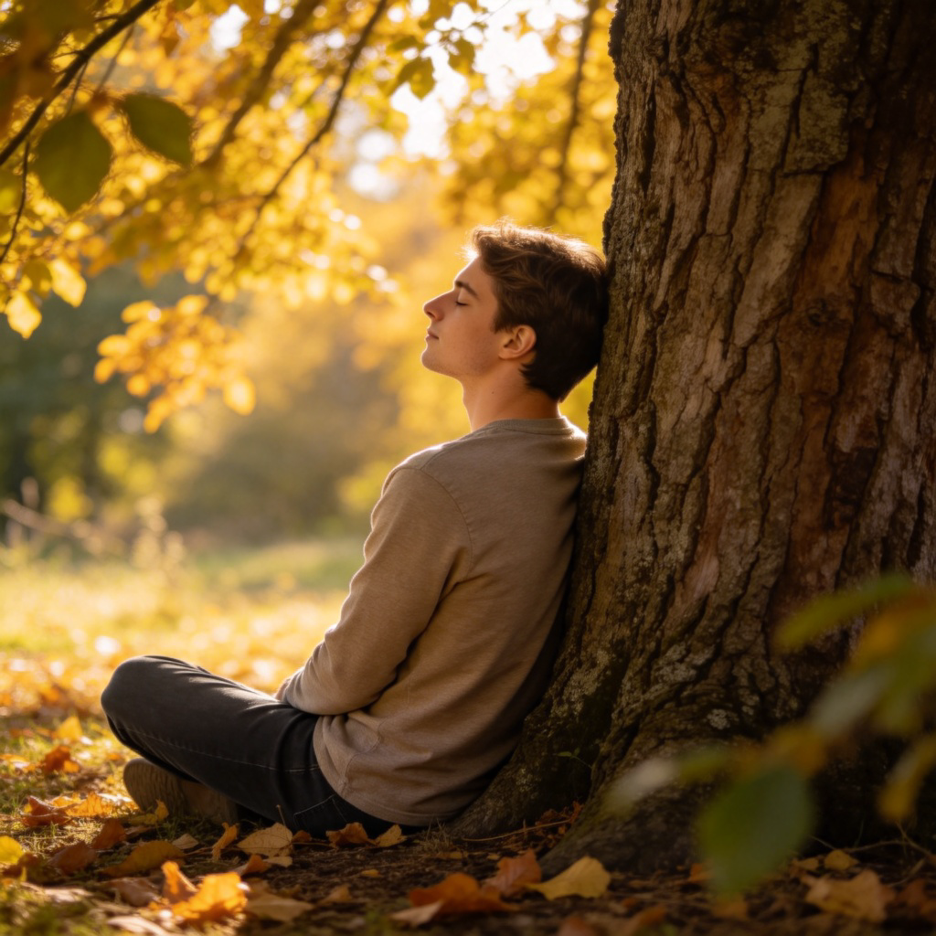 A person in casual clothing is taking a break, sitting on the ground outdoors with their back completely leaning against a rough, textured tree trunk. The person looks relaxed, eyes closed. Sunlight filters through leaves, creating dappled light on the ground. Focus on the contact point between the back and the tree. No text.