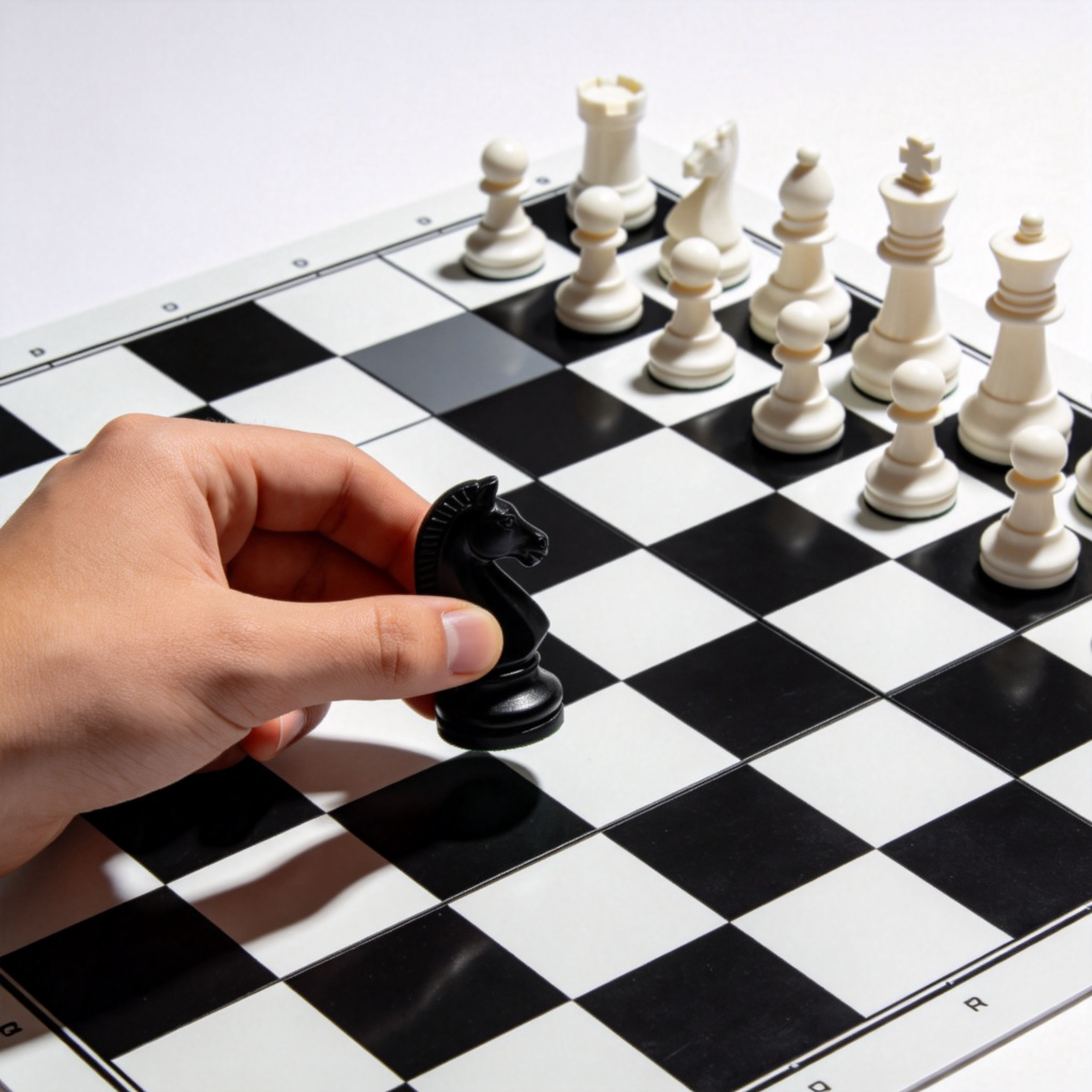 A chess board seen from above, with one player's hand moving a black knight piece. The opposing white pieces are clearly positioned on the other side of the board. The focus is on the strategic placement and the opposition between the black and white armies. Clean background, top-down view. No text.
