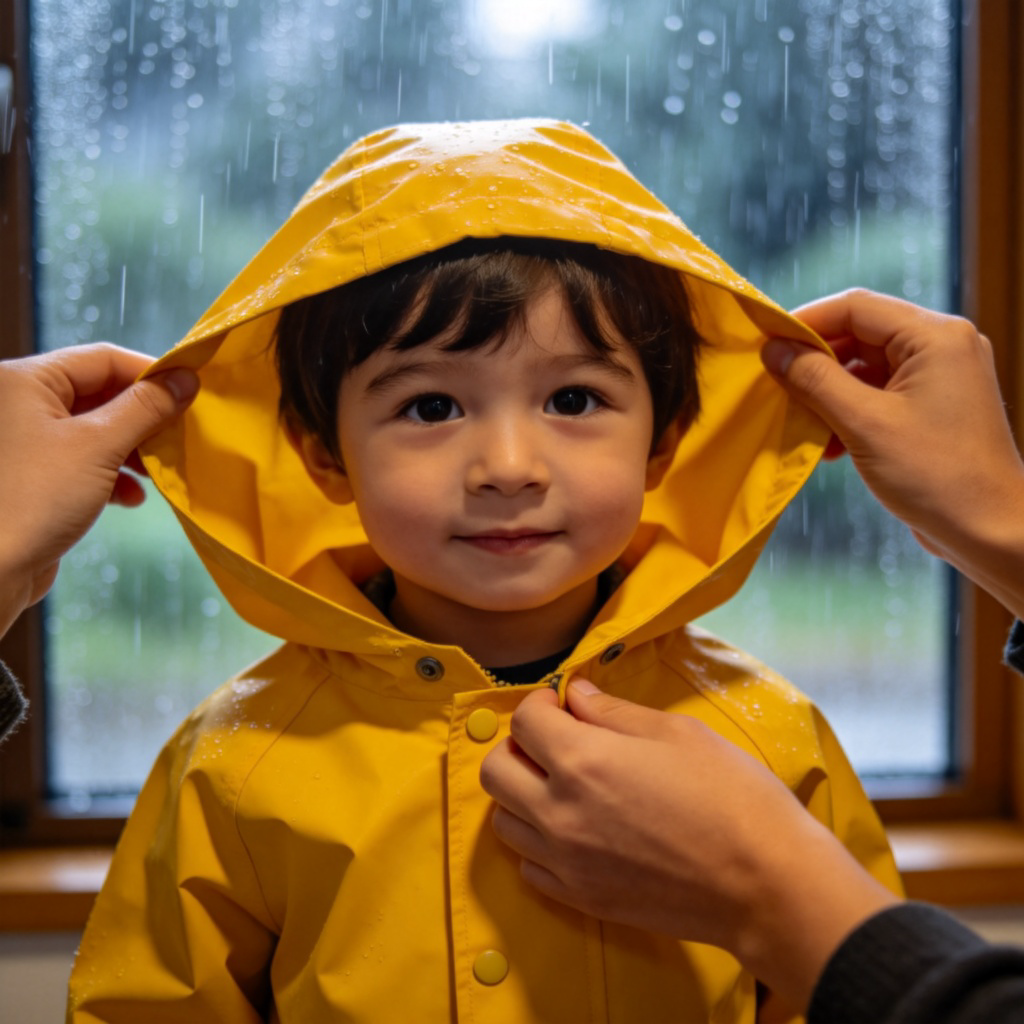 A close-up shot of hands putting a yellow raincoat on a young child before going outside. Rain is visible on a window in the background. The image clearly shows the action of preparing (the raincoat) to counter a potential problem (the rain). Warm indoor lighting. No text.