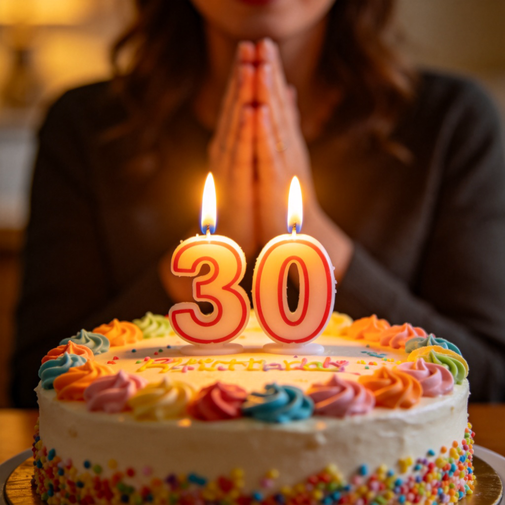 A close-up of a colorful birthday cake with lit candles spelling out the number "30" in bright light. A person's hands are clapping in the soft background, celebrating. Warm, inviting lighting, focus on the candles and number. No text.