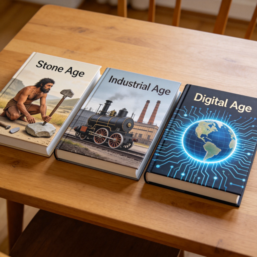 Three distinct books lying side by side on a wooden table. The first has a cover showing cavemen and stone tools (Stone Age). The second shows steam engines and factories (Industrial Age). The third shows glowing computer circuits and a globe (Digital Age). Clear daylight, simple composition. No text.