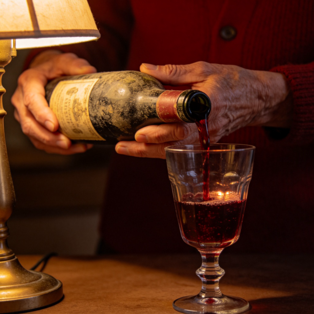 A person's wrinkled but gentle hands carefully pouring a deep red wine from an old, dusty bottle into a crystal glass. The wine bottle has a faded label. Soft, warm light from a lamp highlights the texture of the skin and the rich color of the wine. No text.