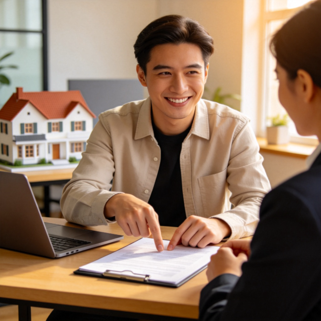 A professional-looking person in smart casual clothing, smiling and pointing at a document on a table with a client. They are in a modern office setting with a laptop and a house model in the background, clearly discussing a property deal. Natural lighting, focus on the interaction. No text.