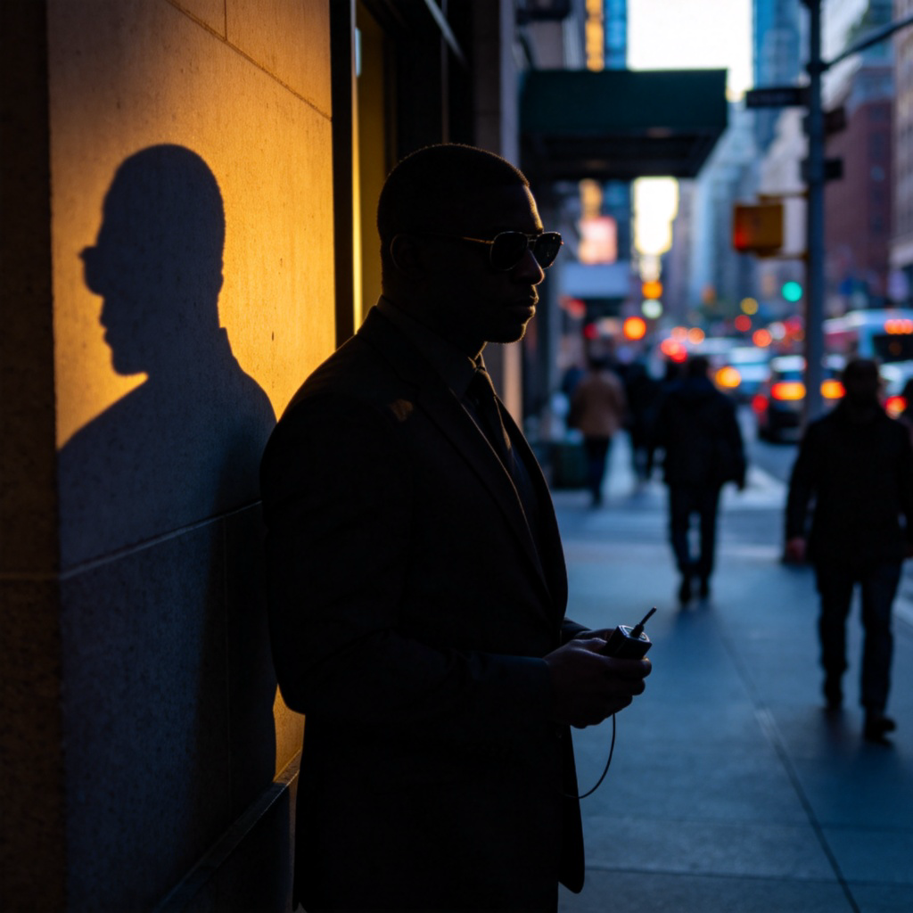 A mysterious figure in a dark suit and sunglasses, holding a small listening device, standing discreetly in a shadowy corner of a busy city street at dusk. The atmosphere is tense and cinematic. No text.