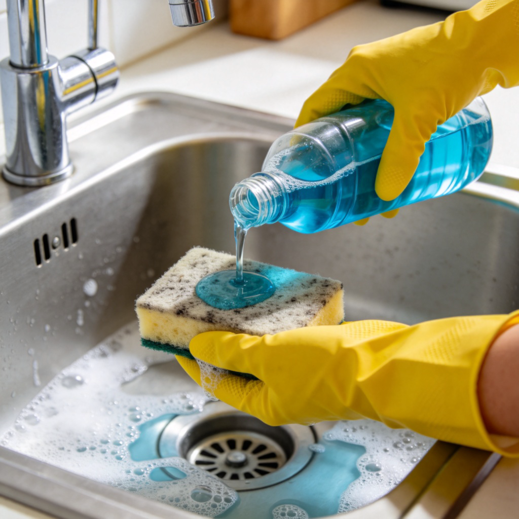 A close-up shot of hands wearing yellow rubber gloves, pouring a blue liquid cleaning agent from a bottle onto a dirty sponge in a kitchen sink. Bubbles are forming. Clean, well-lit kitchen background. No text or brand logos.