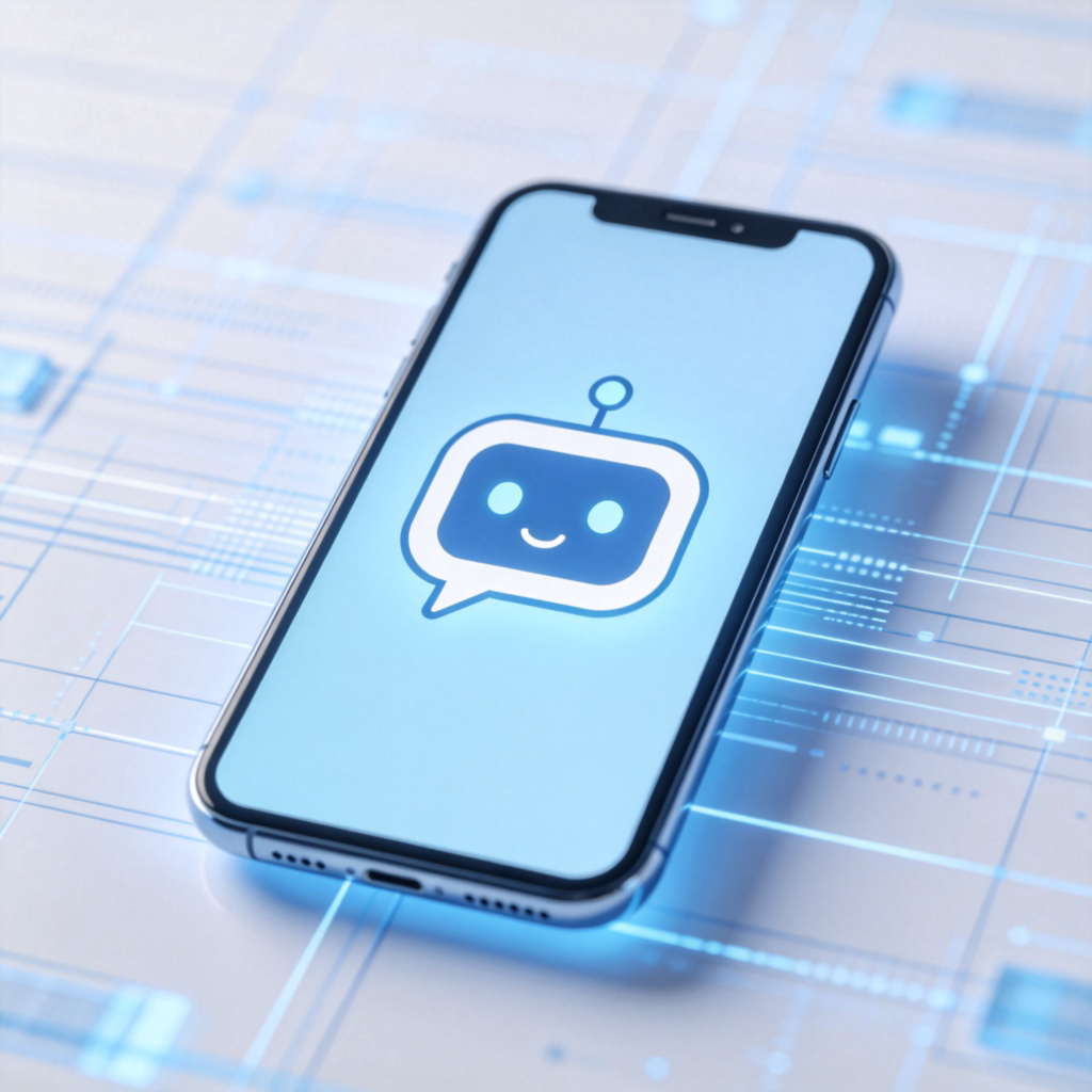 A modern smartphone screen showing a friendly, cartoon-style AI assistant icon (like a chat bubble or a simple robot face) in the center. The background is a blurred, abstract digital pattern of light blue and white. Clean, tech aesthetic. No text.