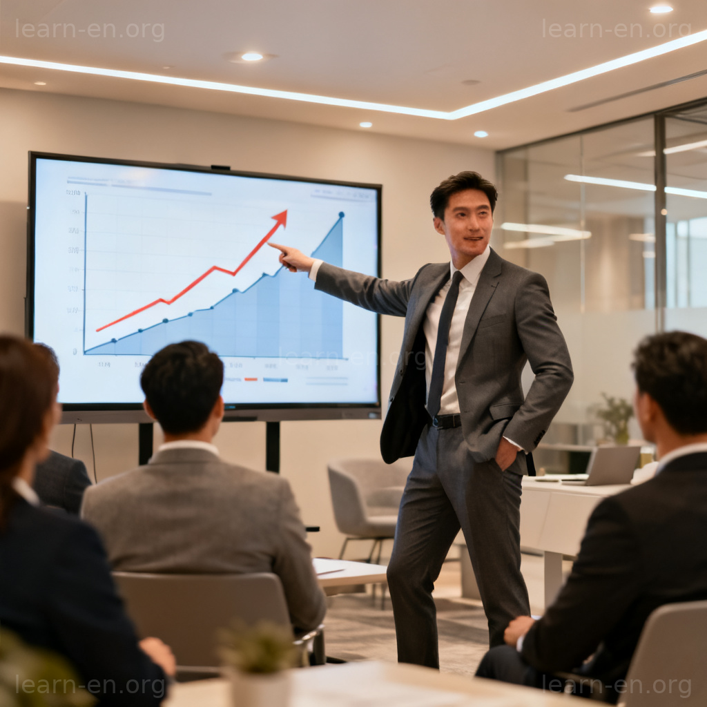 Aggressiveness depicted as forceful business initiative with a person presenting a rising sales graph.