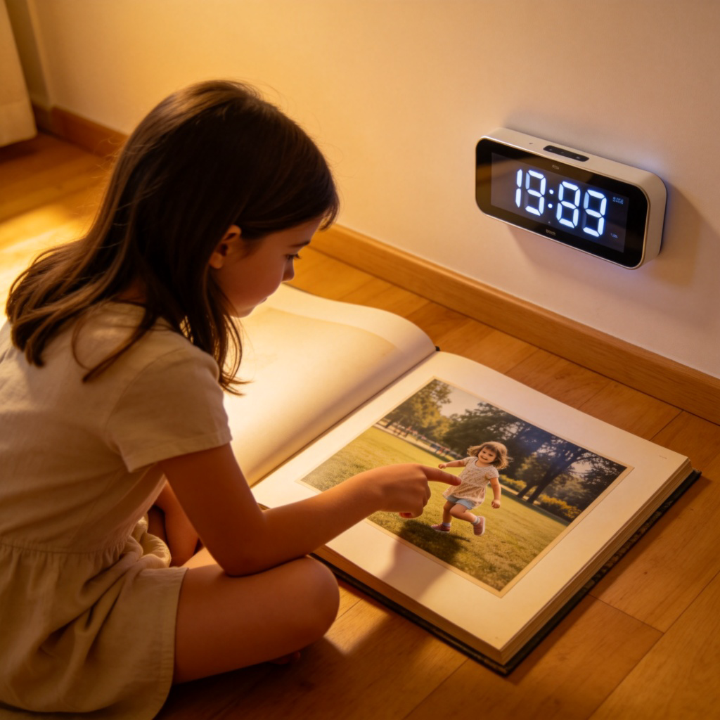 A young girl sitting on the floor, looking through a large photo album. She is pointing at a picture of herself as a child playing in a park. On the wall nearby, there's a modern digital clock showing the current time. The photo album and the old picture represent the past ('ago'), contrasting with the present time on the clock. The room is warmly lit. No text in the image.