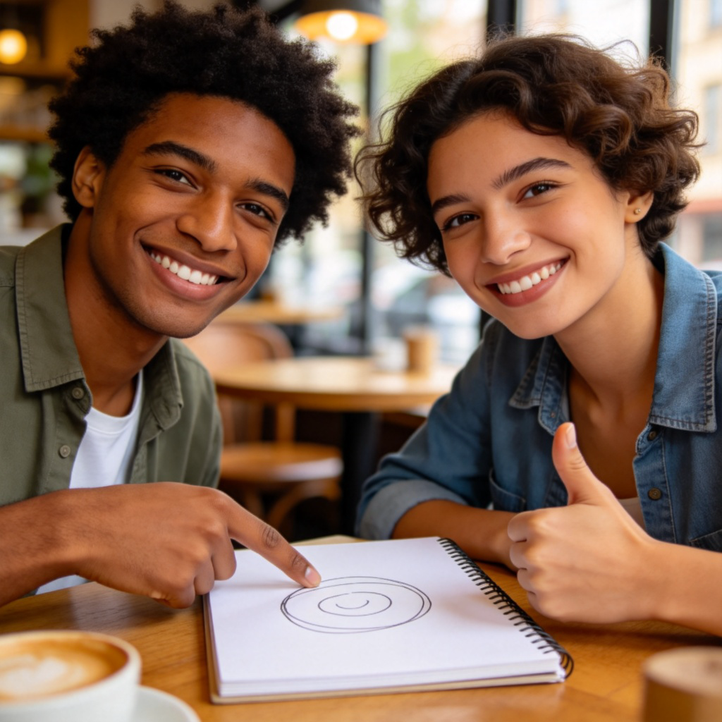 Two diverse friends smiling and nodding their heads in unison while sitting at a cafe table. One is pointing to a simple drawing on a notepad, and the other is giving a thumbs-up. Daylight, casual clothes, focus on their faces and the gesture of agreement. No text.