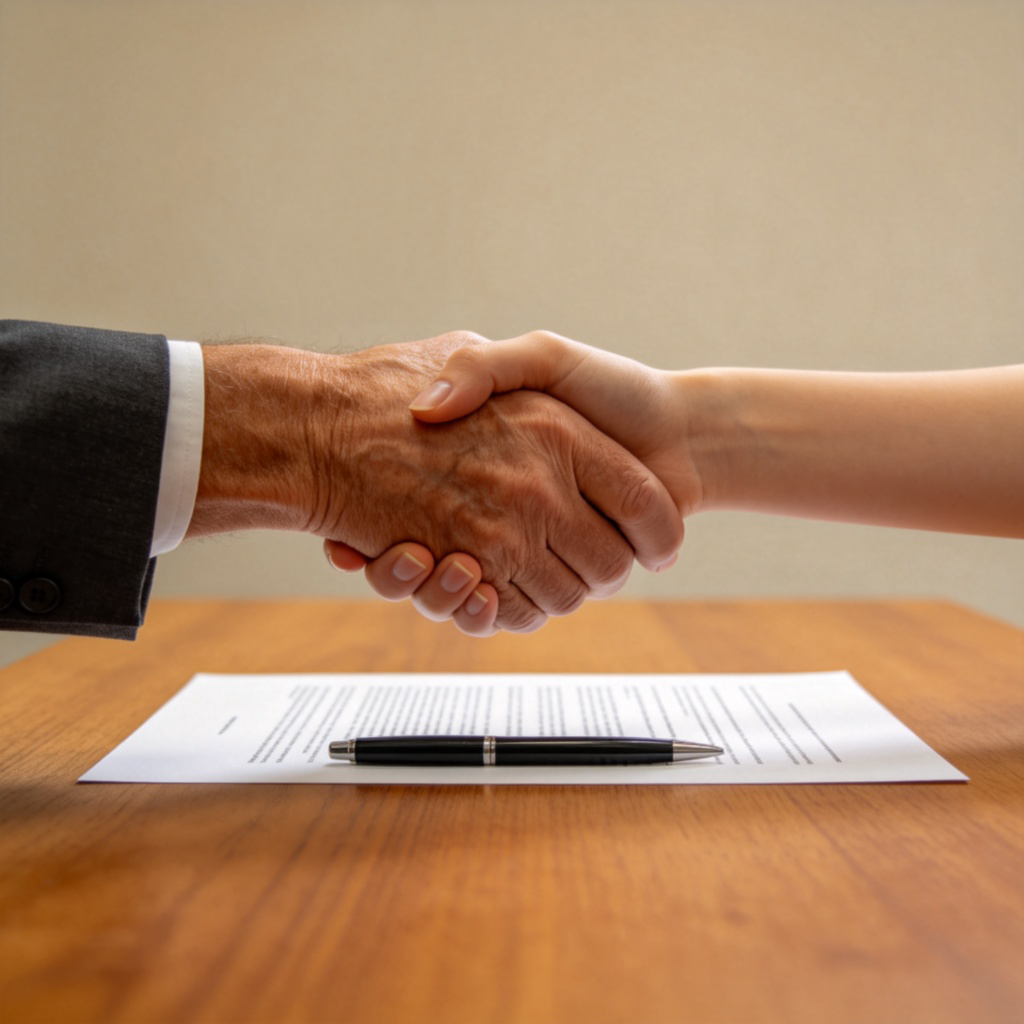 A handshake between two people over a wooden table, with a simple document and pen lying between them. The hands belong to individuals of different ages and genders. The focus is on the gesture of agreement and cooperation. Warm office lighting, plain background. No text.
