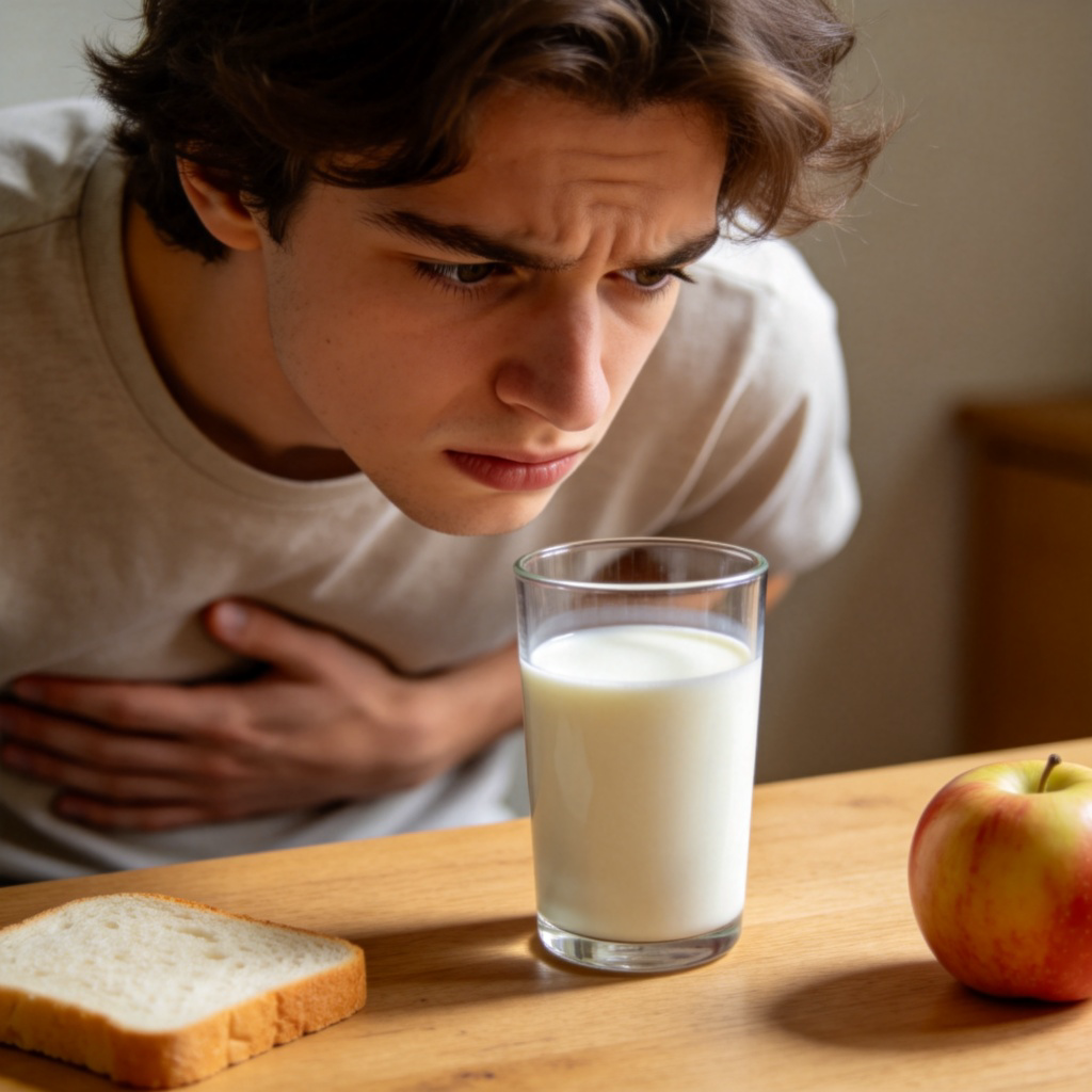A person looking at a glass of milk with a slightly uncomfortable expression, holding their stomach. On the table, there is a piece of bread and an apple for contrast. Soft indoor lighting, emphasizing the person's reaction to the food. No text.