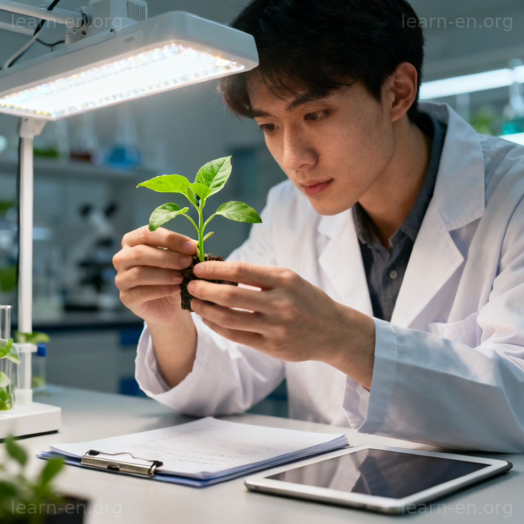 Agricultural science: a student in a lab examines a plant seedling under a grow light.