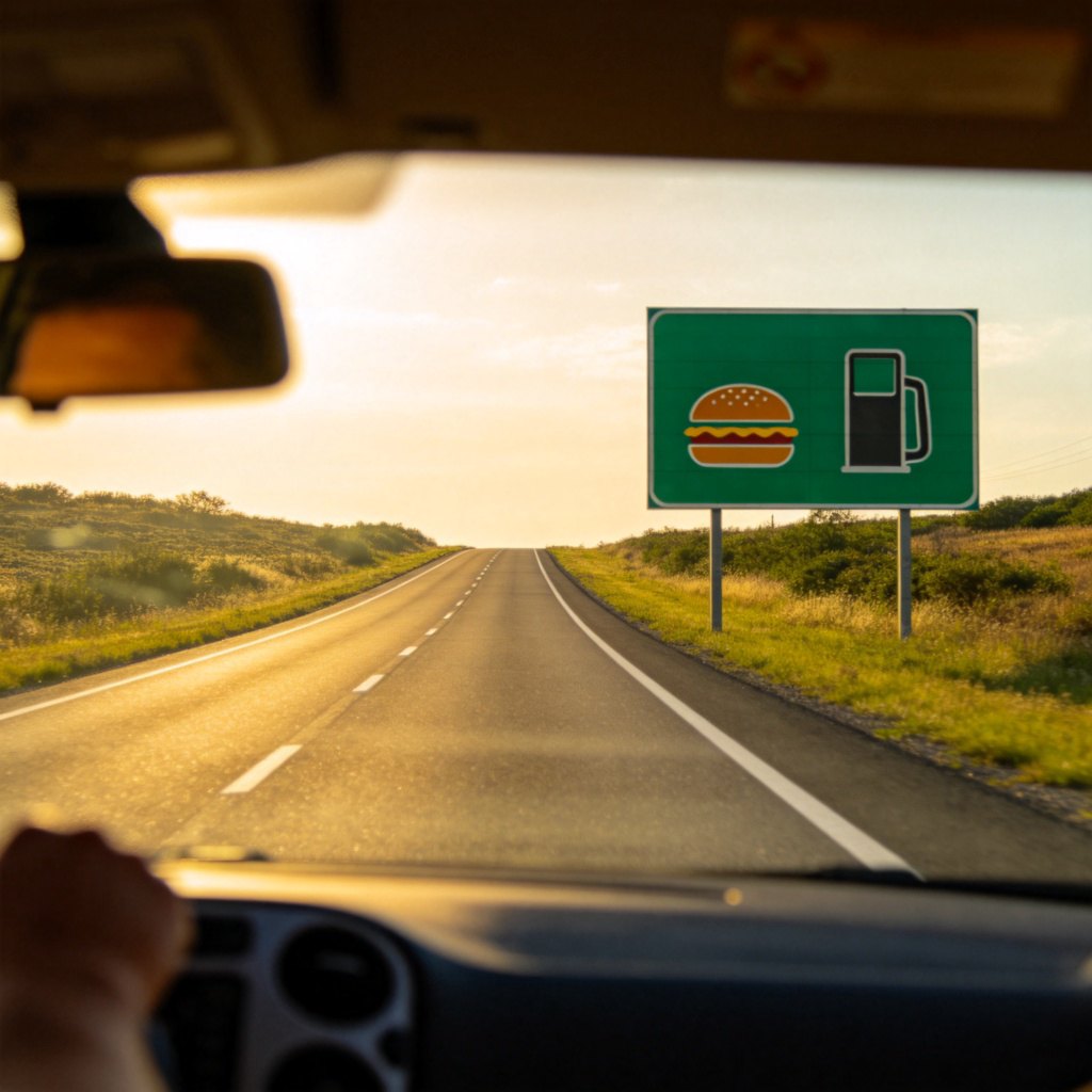 A first-person view from inside a car driving on a sunny country road. A green road sign is visible on the right side of the road, just ahead, with symbols for food and fuel. The road stretches straight forward into the distance. Focus on the sign and the road ahead, realistic photography style.