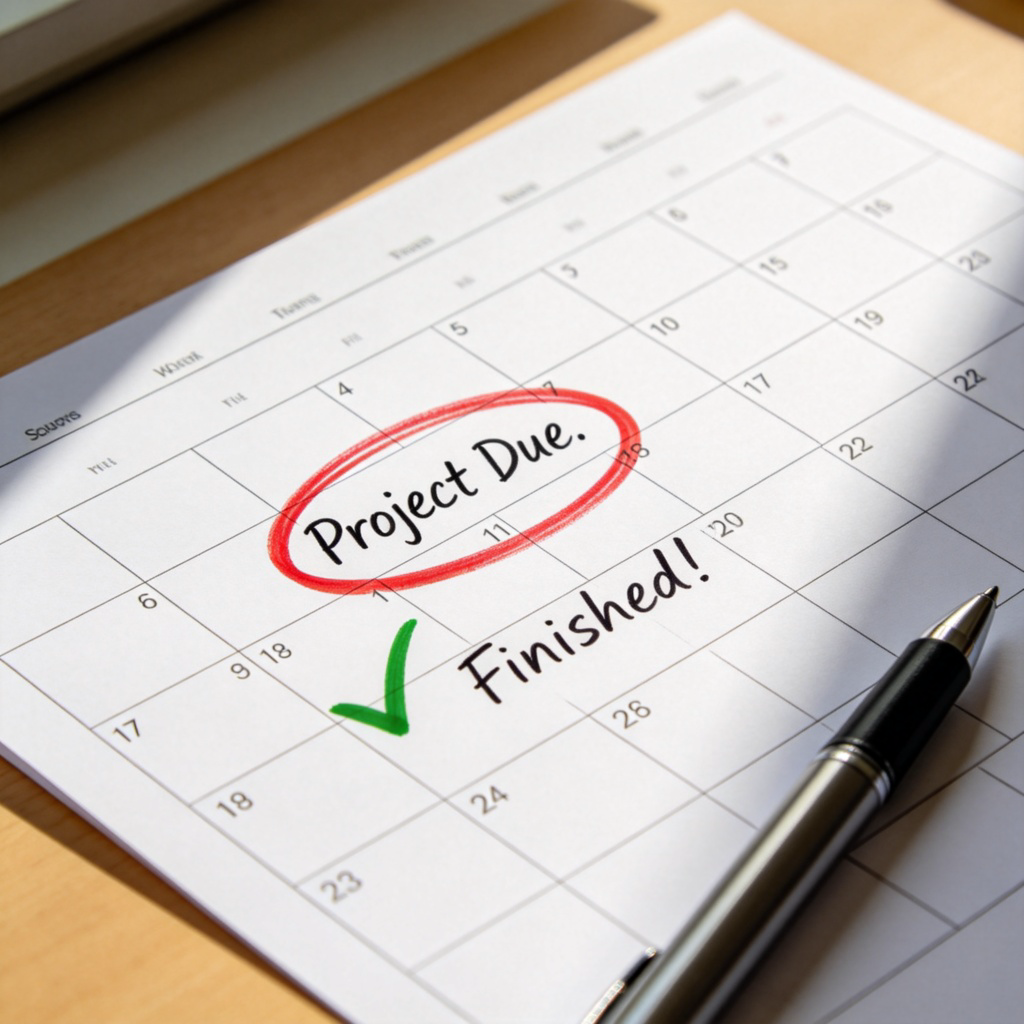 A close-up of a paper calendar on a desk. A red circle is drawn around a future date labeled "Project Due." A green checkmark is drawn on an earlier date, with a handwritten note saying "Finished!" next to it. A pen lies beside the calendar. Clean, bright lighting, flat lay style.