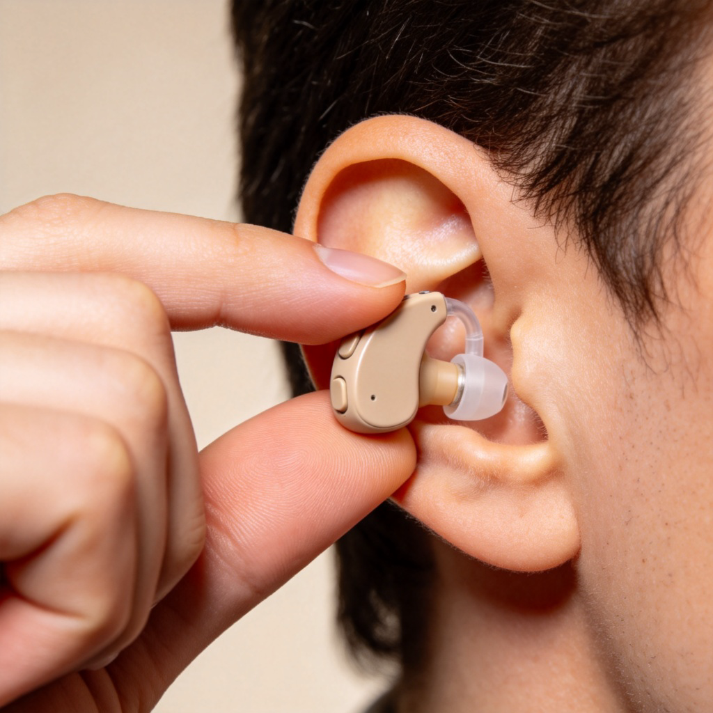 A close-up, detailed photo of a modern, beige-colored hearing aid being gently placed into someone's ear by their own hand. The background is softly blurred and neutral. The lighting is clear and clinical, highlighting the small device. The image conveys the idea of a helpful technological tool. No text.