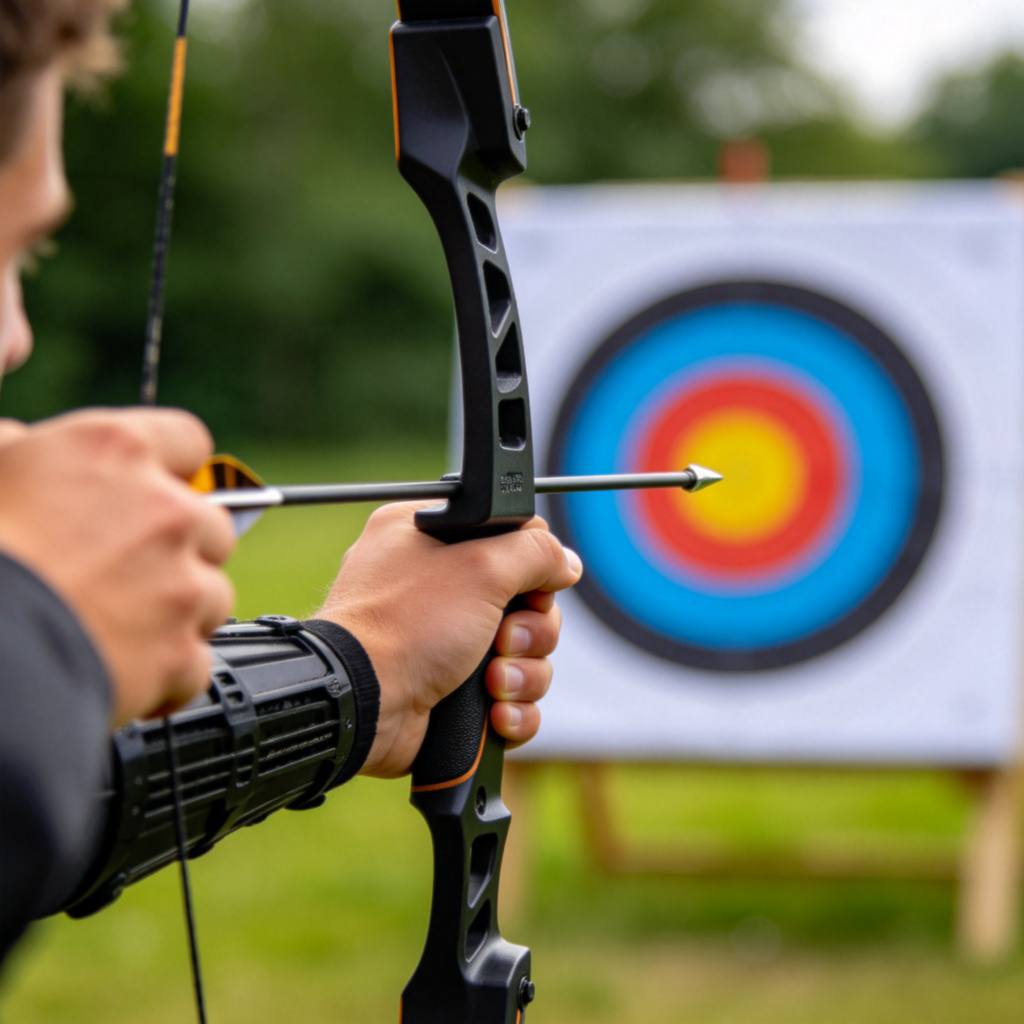A person's hands in close-up, drawing back the string of a modern bow and arrow, with the arrow tip sharply focused and perfectly aligned with the center of a colorful target in the background. Soft natural light, shallow depth of field, emphasizing the action of aiming. No text.