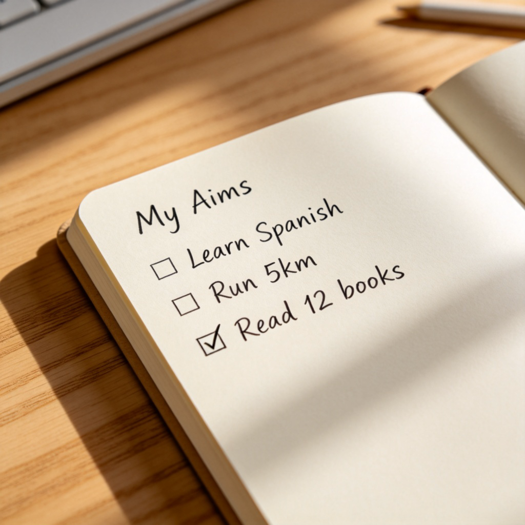 A vision board or a simple notebook page on a wooden desk. The page clearly shows a list titled 'My Aims' with items like 'Learn Spanish', 'Run 5km', and 'Read 12 books', with a small checkmark next to 'Read 12 books'. Soft daylight, cozy atmosphere. No text visible beyond the title and list.